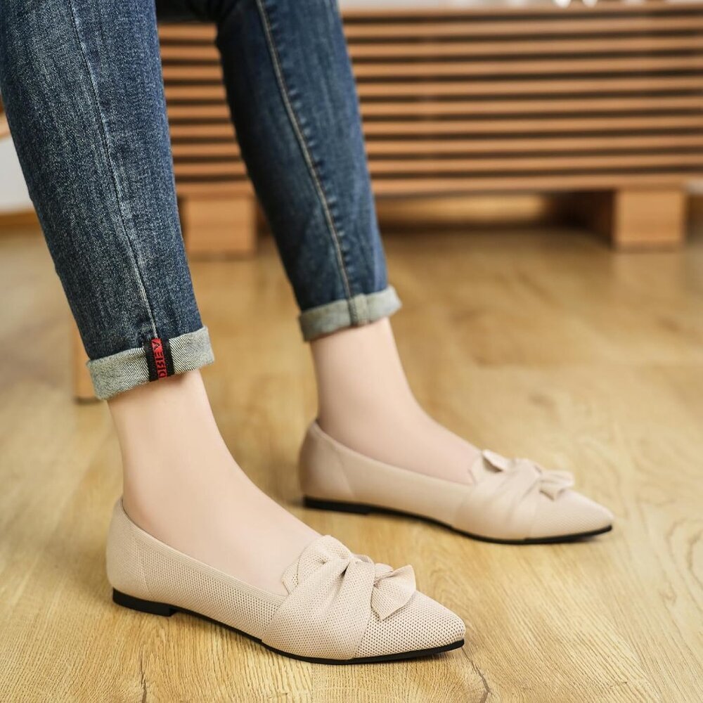 Women's Beige Pointed Toe Ballet Flats with Bow Comfortable Knit Dressy Flats - Picture 4 of 8